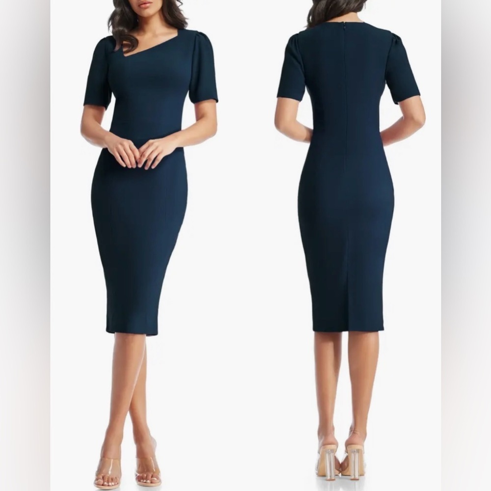 NWOT Dress the Population Ruth Asymmetric Neck Midi Navy Dress sz S
